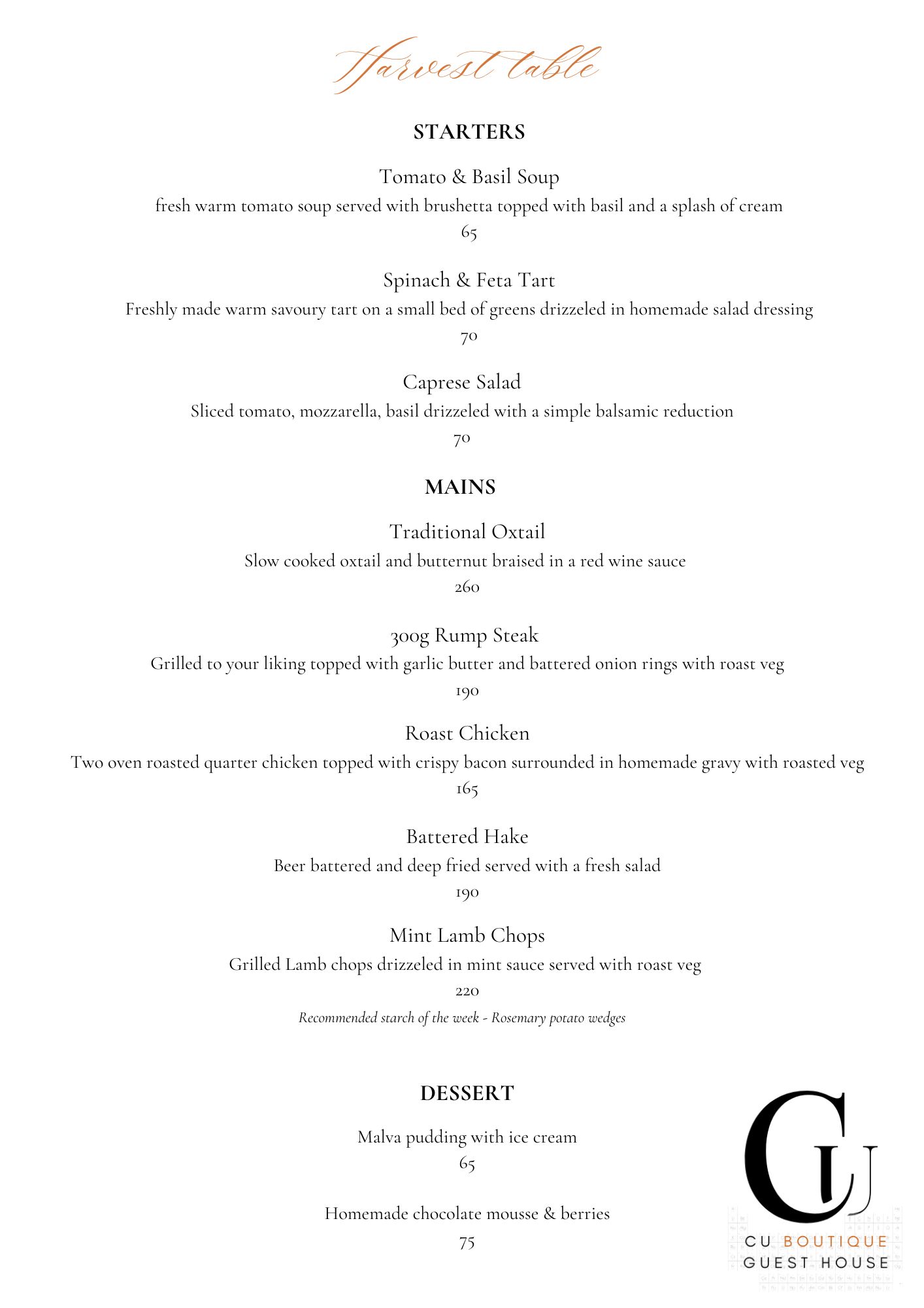 Harvest Table Menu